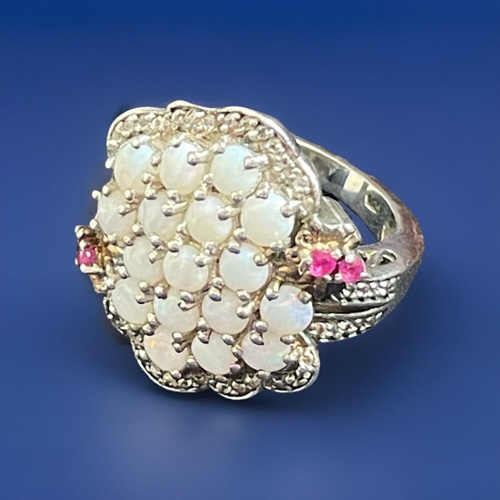 Signed STS 925 Sterling Silver Opal Ruby Ring Cluster Statement Size 5